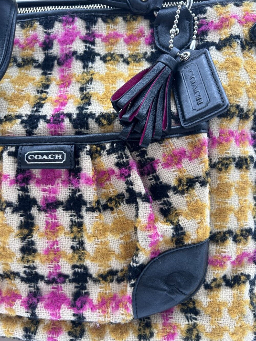 Coach Ashley Plaid Wool Carryall Satchel Bag Pink Yellow Houndstooth 14845 - Picture 4 of 13